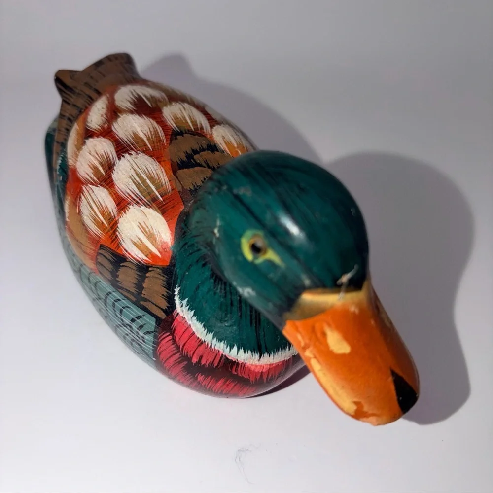 Vintage Hand Carved Wooden Duck Figurine Folk Art Painted Decor | Collectable - Picture 5 of 10